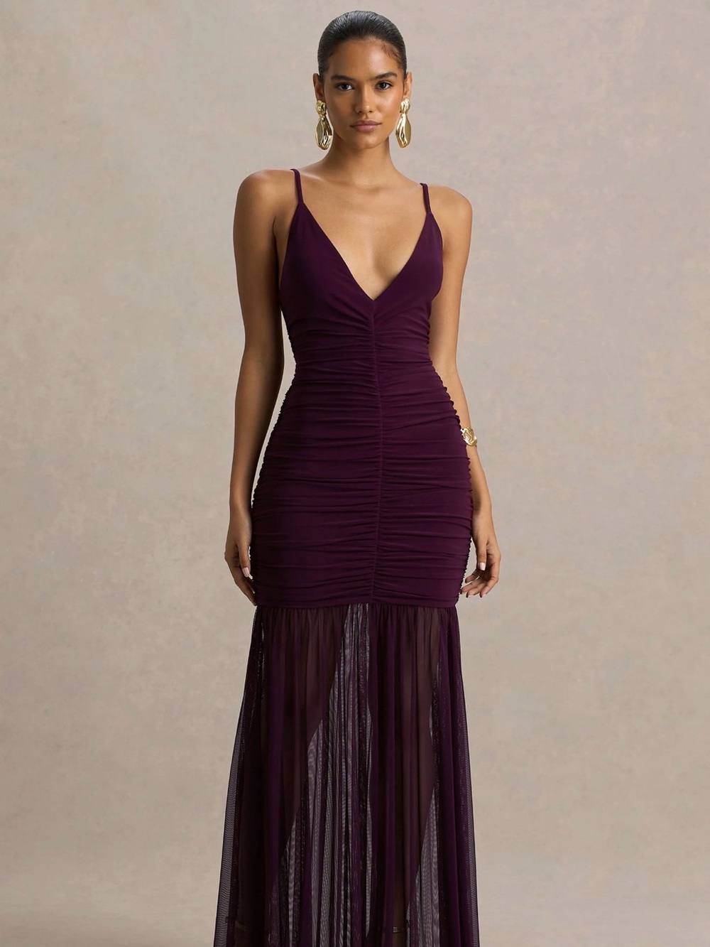 Elegant Deep Plum Ruched Mesh Gown - Women's Dress